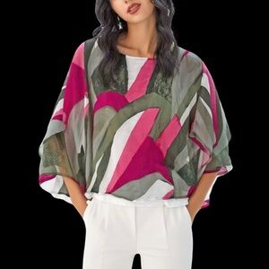 Chico's Patched Play Jayma Poncho Blouse Top Ultra Pink Caplet Flowy